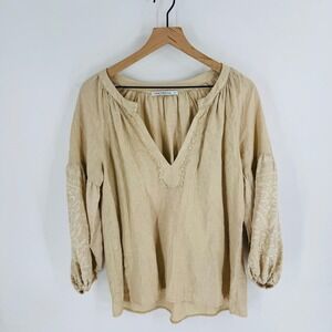 Greek Archaic Kori Linen Embroidered Balloon Sleeve Top Beige Size S Euro Summer